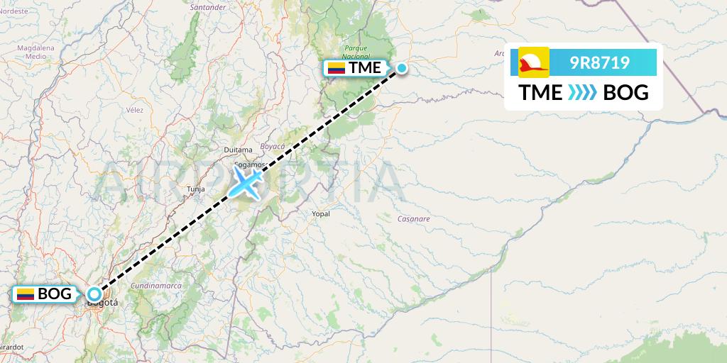 9R8719 Satena Flight Map: Tame to Bogota