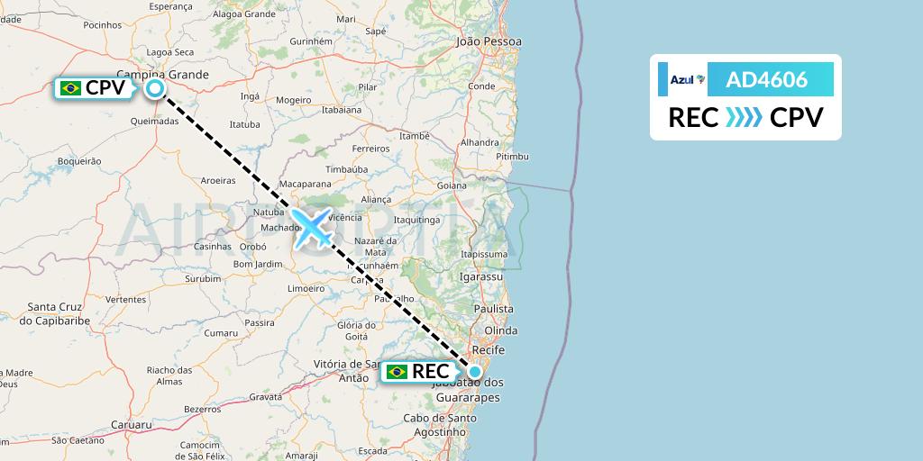 AD4606 Azul Brazilian Airlines Flight Map: Recife to Campina Grande