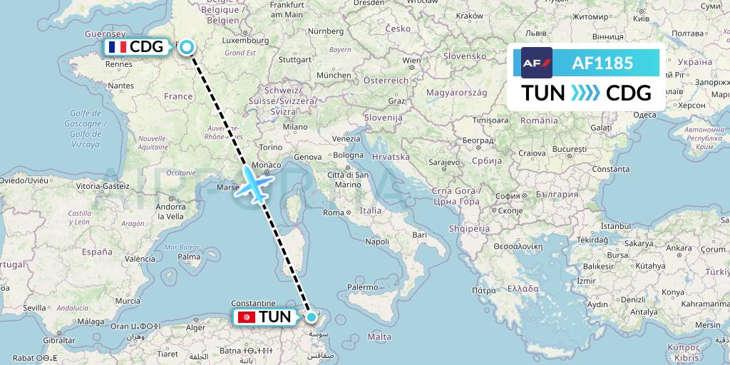 AF1185 Air France Flight Map: Tunis to Paris