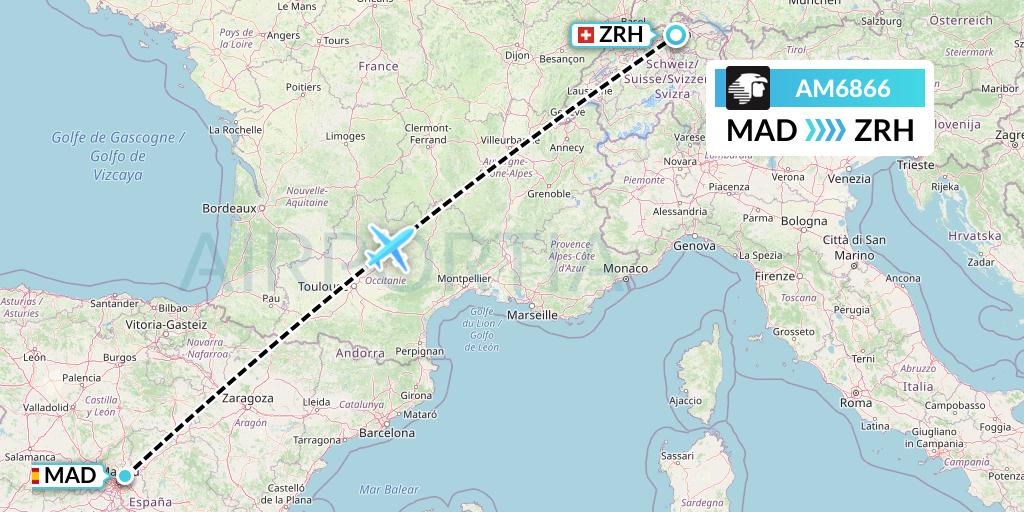 AM6866 Aeromexico Flight Map: Madrid to Zurich