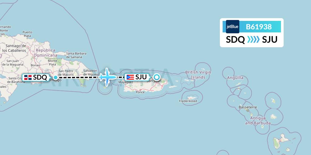 B61938 JetBlue Airways Flight Map: Santo Domingo to San Juan