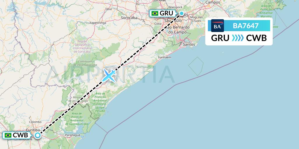 BA7647 British Airways Flight Map: Sao Paulo to Curitiba