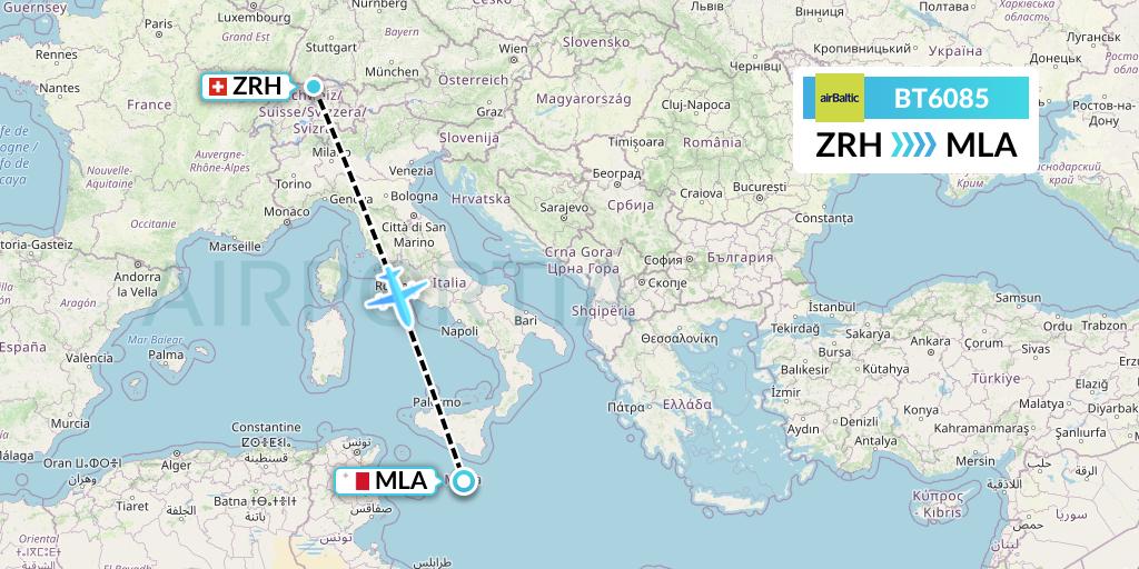 BT6085 Air Baltic Flight Map: Zurich to Malta