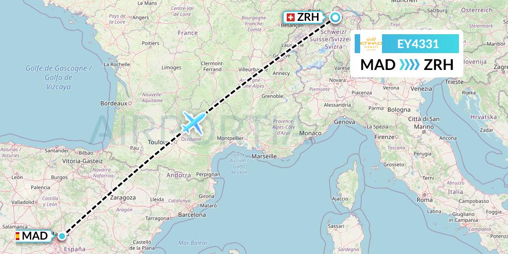 EY4331 Etihad Airways Flight Map: Madrid to Zurich