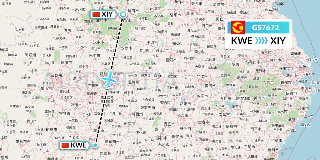 GS7672 Tianjin Airlines Flight Map: Guiyang to Xi'an