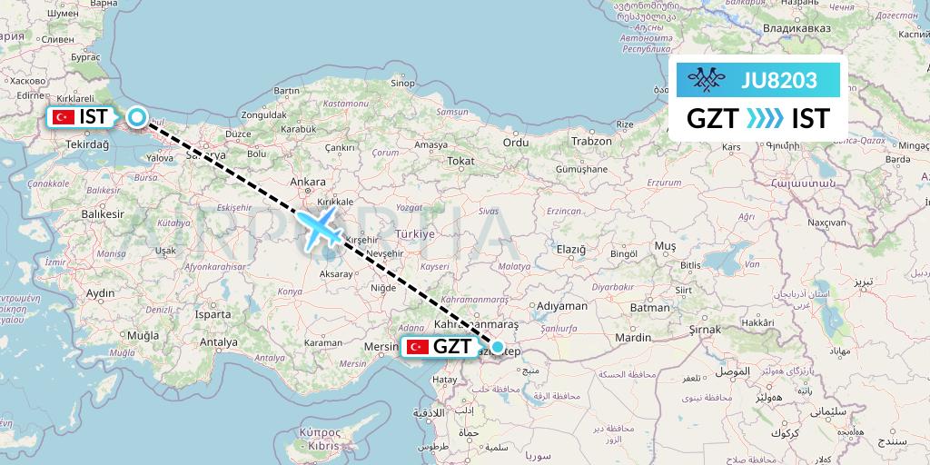 JU8203 AirSERBIA Flight Map: Gaziantep to Istanbul
