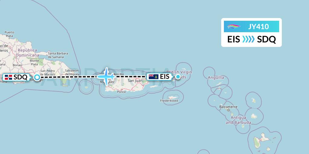 JY410 InterCaribbean Airways Flight Map: Beef Island to Santo Domingo