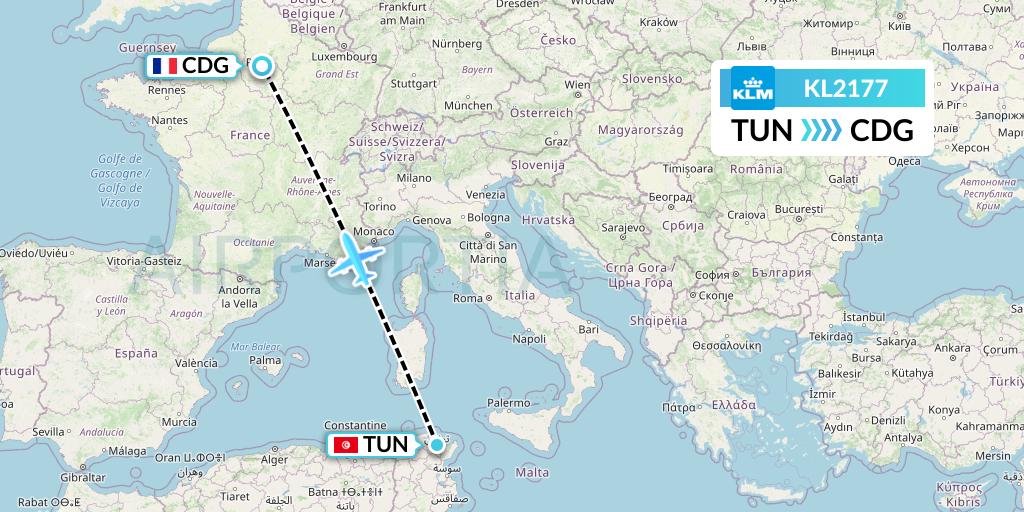 KL2177 KLM Flight Map: Tunis to Paris