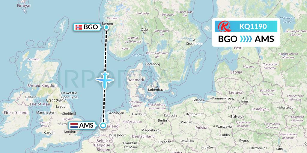 KQ1190 Kenya Airways Flight Map: Bergen to Amsterdam