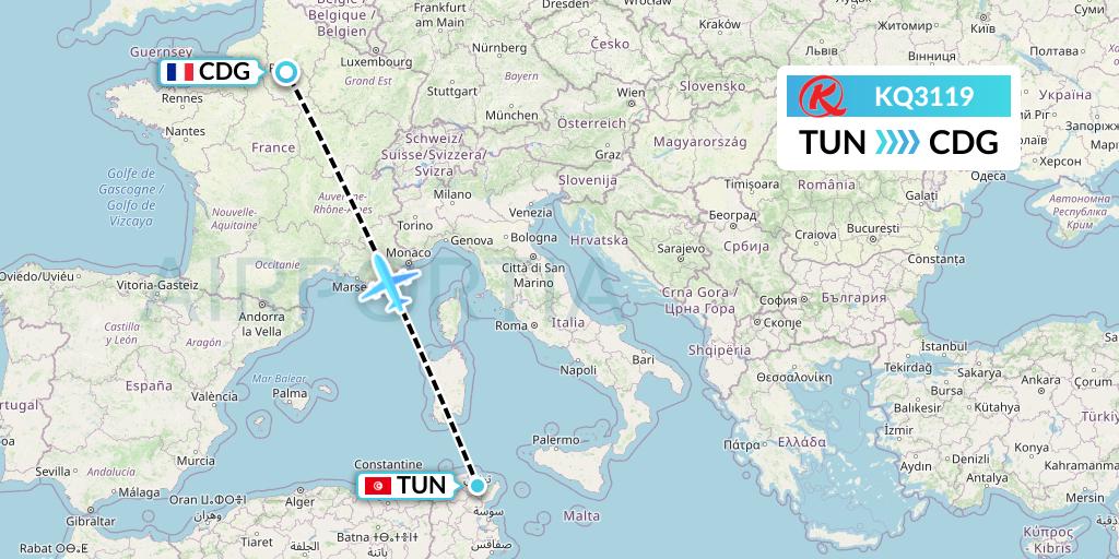 KQ3119 Kenya Airways Flight Map: Tunis to Paris