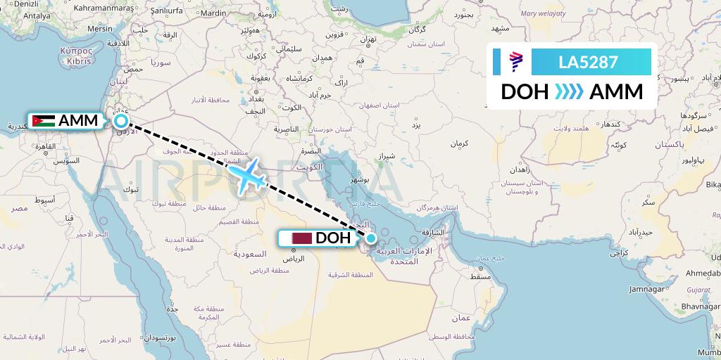 LA5287 LAN Airlines Flight Map: Doha to Amman