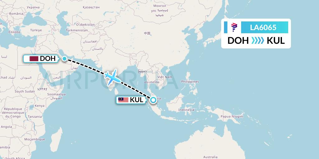 LA6065 LAN Airlines Flight Map: Doha to Kuala Lumpur