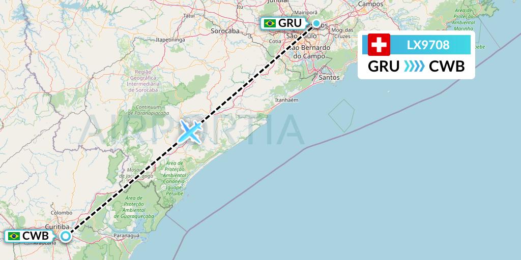 LX9708 Swiss Flight Map: Sao Paulo to Curitiba