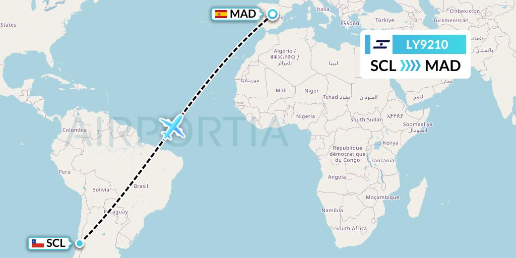 LY9210 El Al Flight Map: Santiago to Madrid