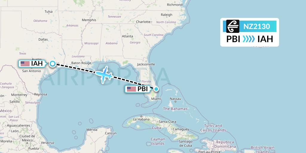 NZ2130 Air New Zealand Flight Map: West Palm Beach to Houston