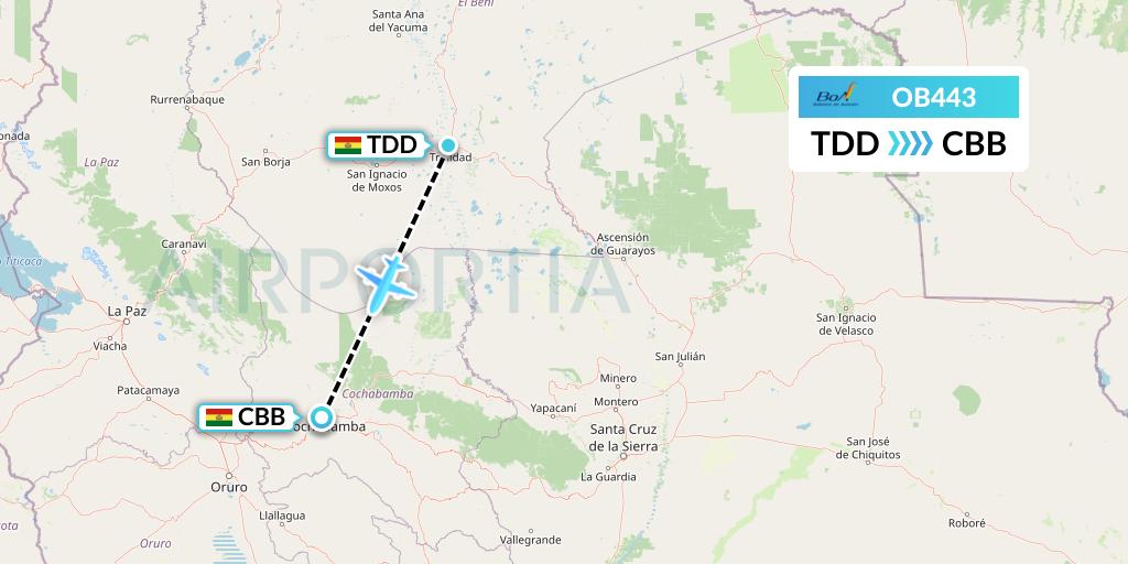 OB443 Boliviana de Aviacion Flight Map: Trinidad to Cochabamba