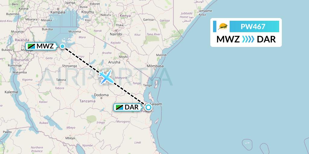 PW467 Precision Air Flight Map: Mwanza to Dar-es-Salaam