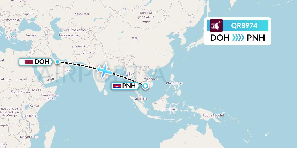 QR8974 Qatar Airways Flight Map: Doha to Phnom Penh