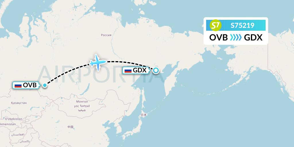 S75219 S7 Airlines Flight Map: Novosibirsk to Magadan
