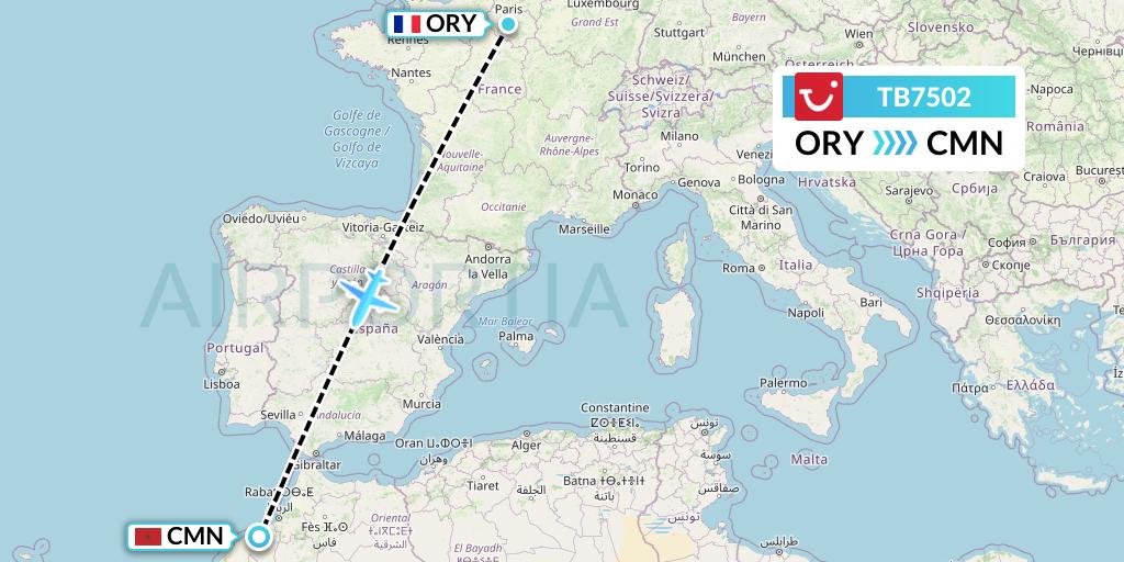 TB7502 TUI fly Belgium Flight Map: Paris to Casablanca