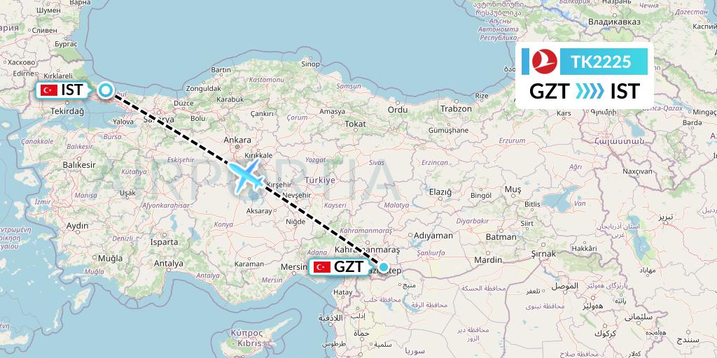 TK2225 Turkish Airlines Flight Map: Gaziantep to Istanbul