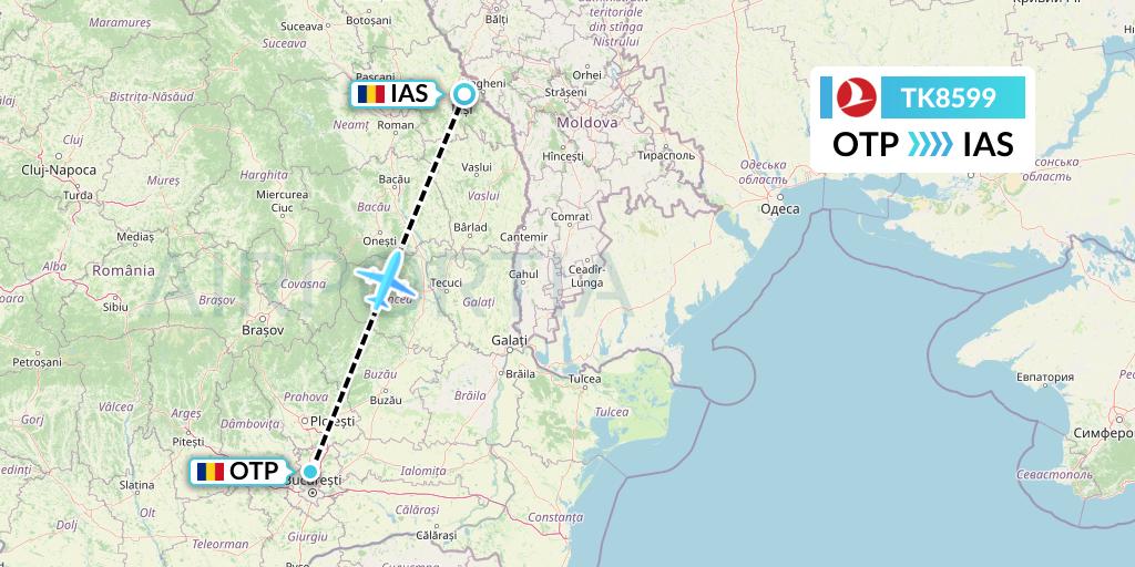 TK8599 Turkish Airlines Flight Map: Bucharest to Iasi