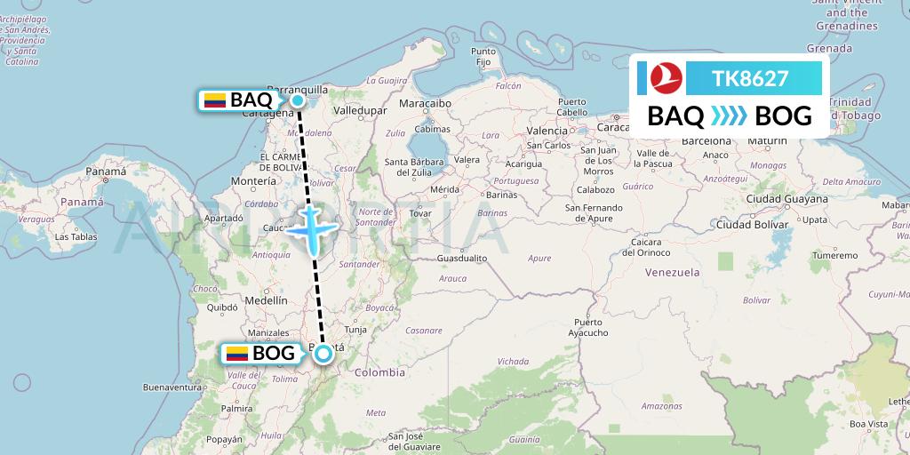 TK8627 Turkish Airlines Flight Map: Barranquilla to Bogota