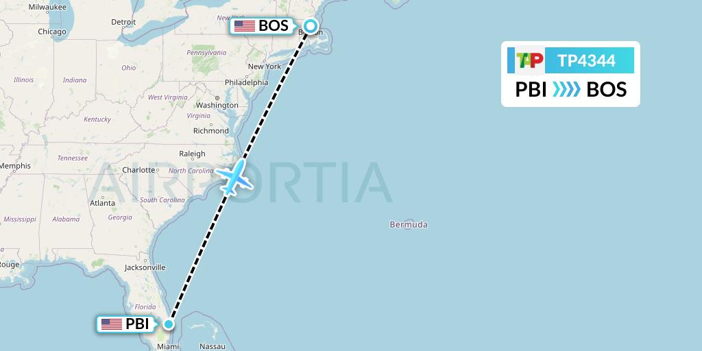 TP4344 TAP Portugal Flight Map: West Palm Beach to Boston