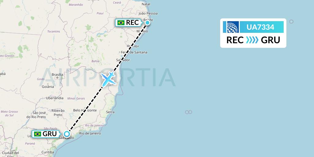 UA7334 United Airlines Flight Map: Recife to Sao Paulo