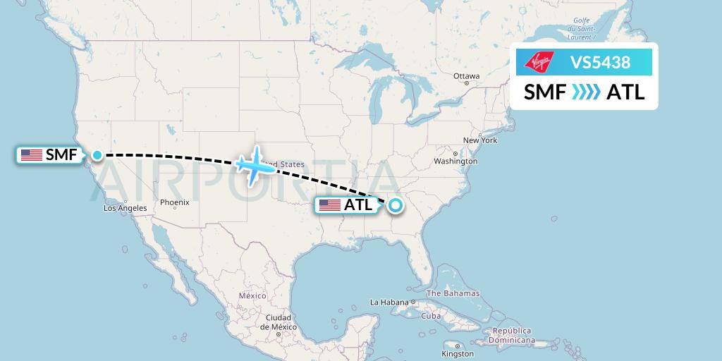 VS5438 Virgin Atlantic Airways Flight Map: Sacramento to Atlanta