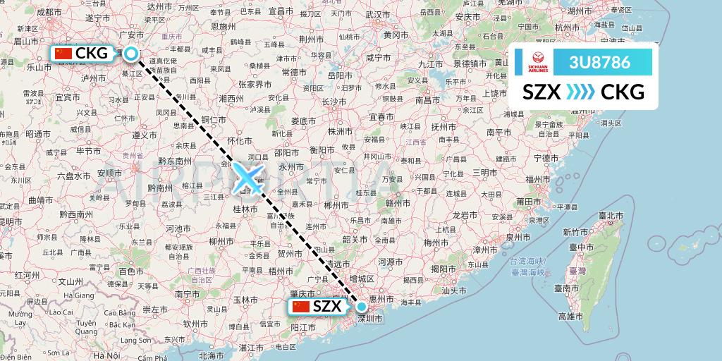 3U8786 Sichuan Airlines Flight Map: Shenzhen to Chongqing