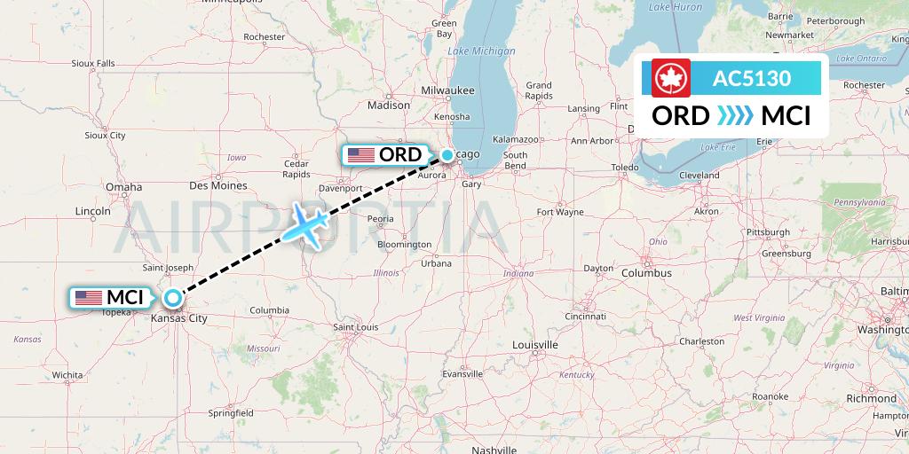 AC5130 Air Canada Flight Map: Chicago to Kansas City