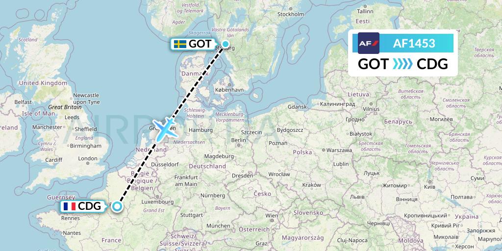 AF1453 Air France Flight Map: Gothenburg to Paris
