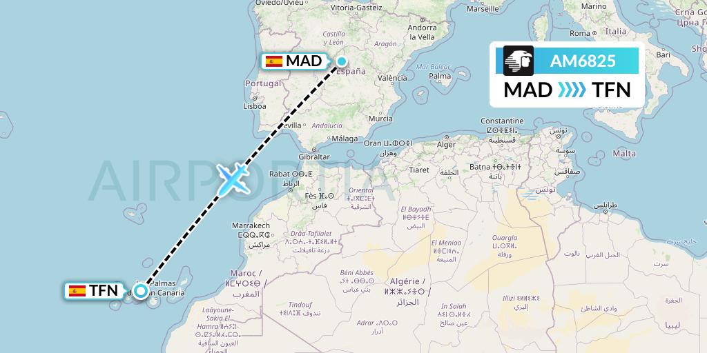 AM6825 Aeromexico Flight Map: Madrid to Tenerife