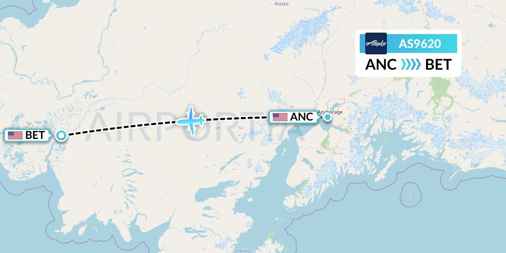 AS9620 Alaska Airlines Flight Map: Anchorage to Bethel