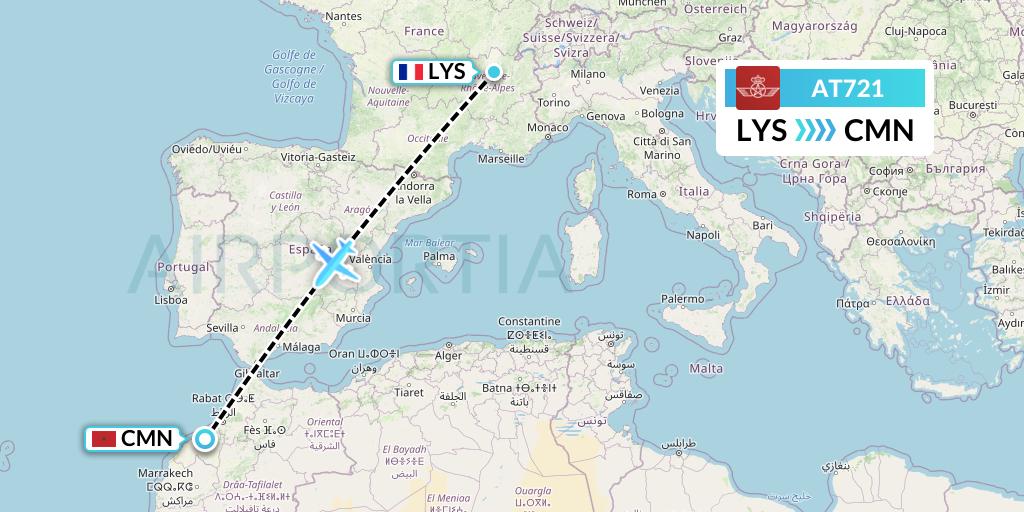 AT721 Royal Air Maroc Flight Map: Lyon to Casablanca