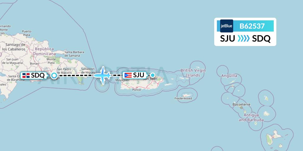 B62537 JetBlue Airways Flight Map: San Juan to Santo Domingo