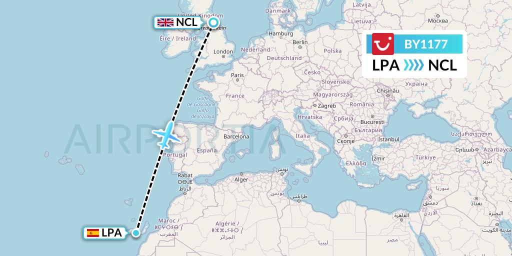 BY1177 TUI Airways Flight Map: Las Palmas to Newcastle
