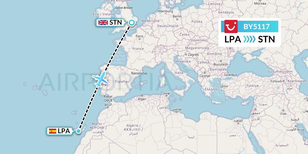 BY5117 TUI Airways Flight Map: Las Palmas to London
