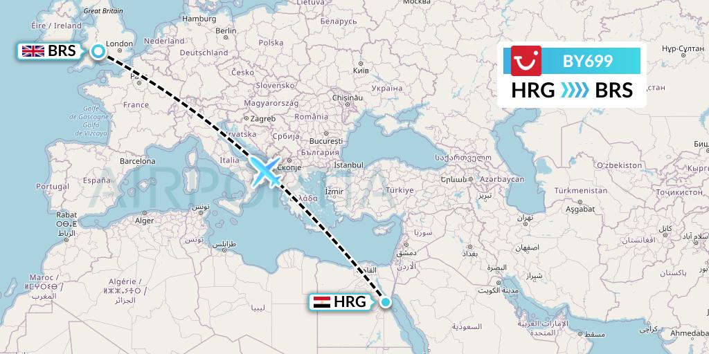 BY699 TUI Airways Flight Map: Hurghada to Bristol