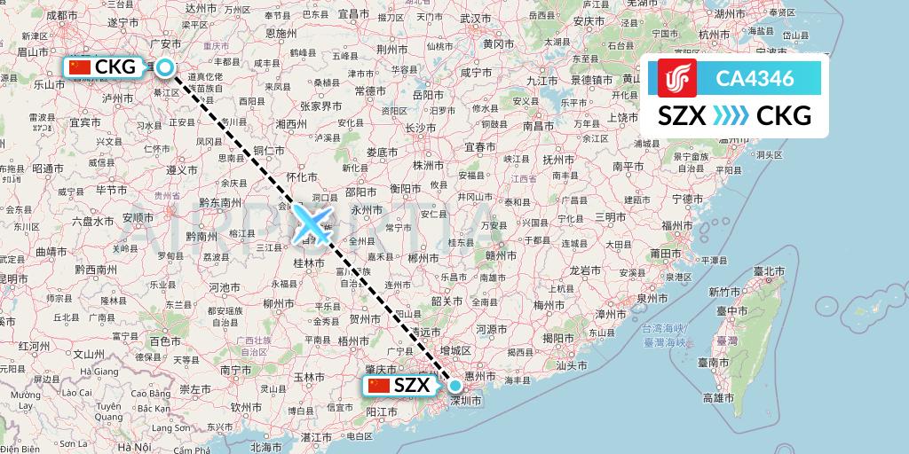 CA4346 Air China Flight Map: Shenzhen to Chongqing