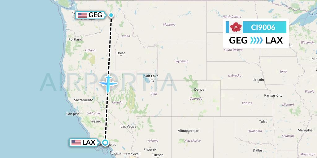 CI9006 China Airlines Flight Map: Spokane to Los Angeles