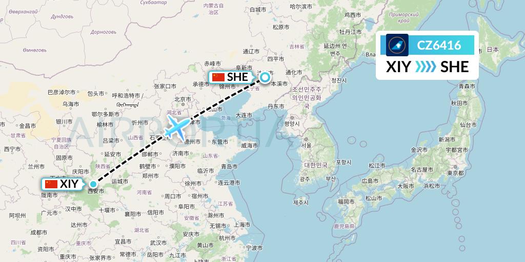 CZ6416 China Southern Airlines Flight Map: Xi'an to Shenyang