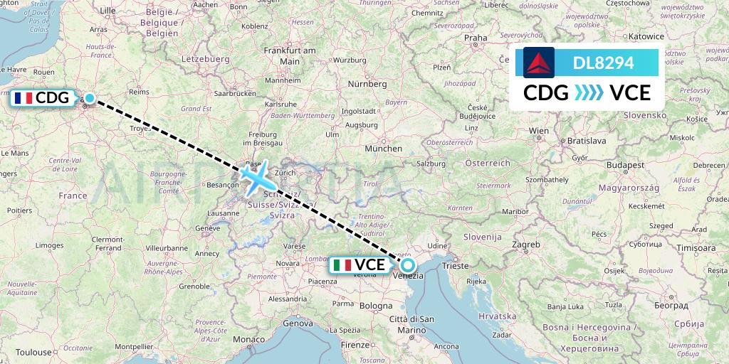 DL8294 Delta Air Lines Flight Map: Paris to Venice