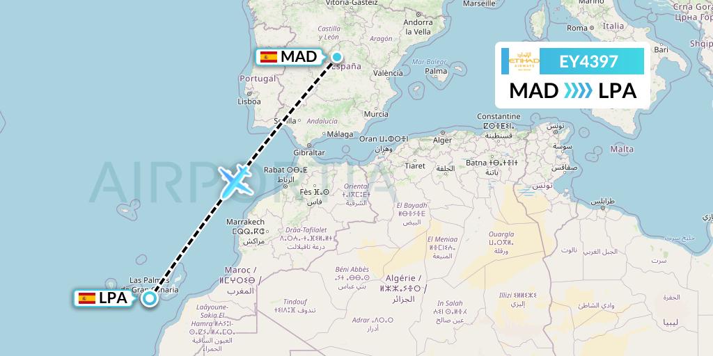 EY4397 Etihad Airways Flight Map: Madrid to Las Palmas