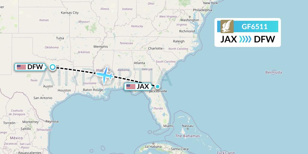 GF6511 Gulf Air Flight Map: Jacksonville to Dallas