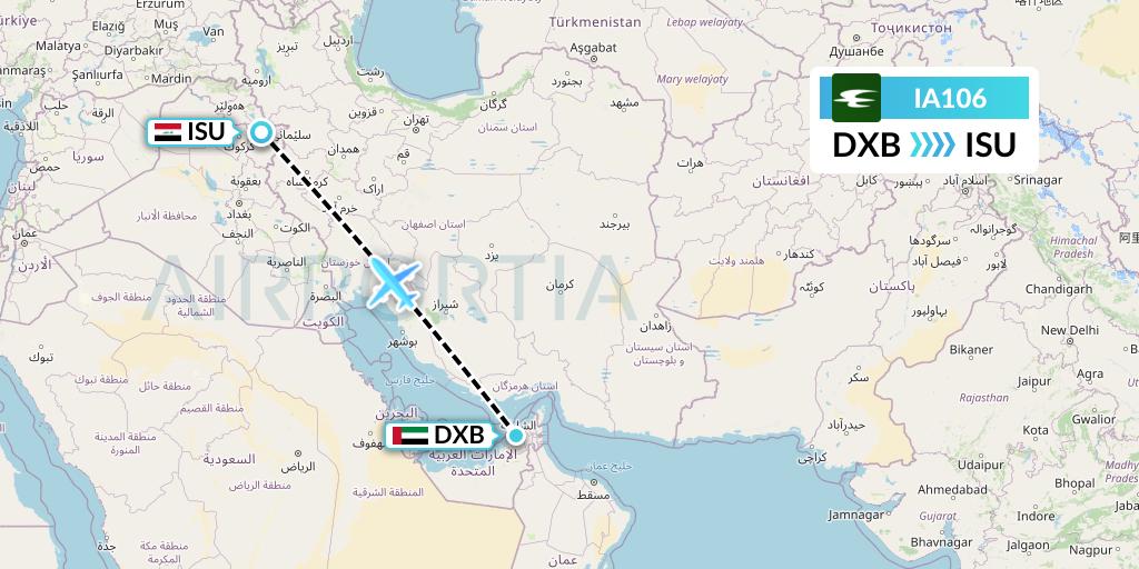 IA106 Iraqi Airways Flight Map: Dubai to Sulaimaniyah