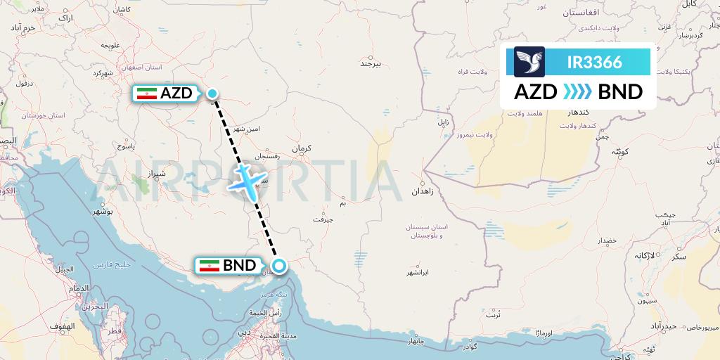 IR3366 Iran Air Flight Map: Yazd to Bandar Abbas