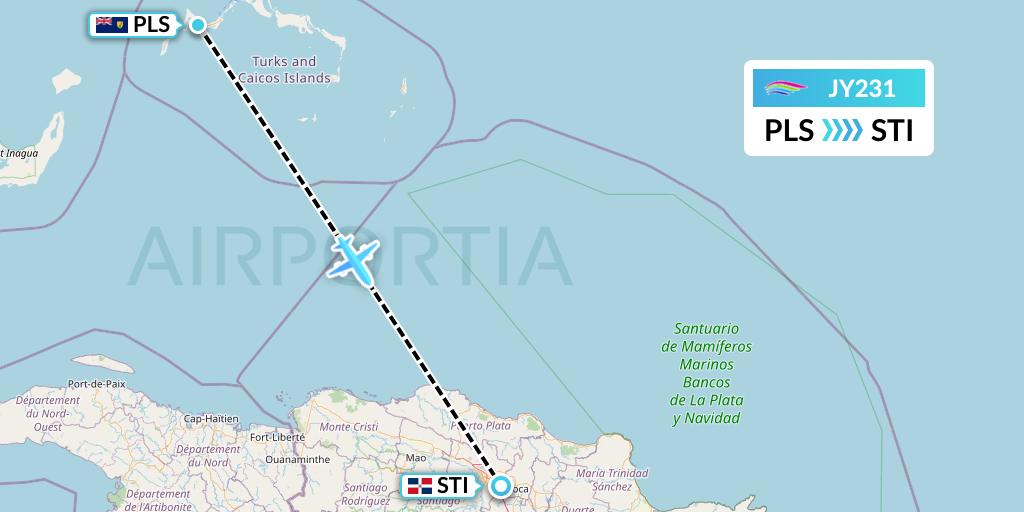 JY231 InterCaribbean Airways Flight Map: Providenciales to Santiago de los Caballeros