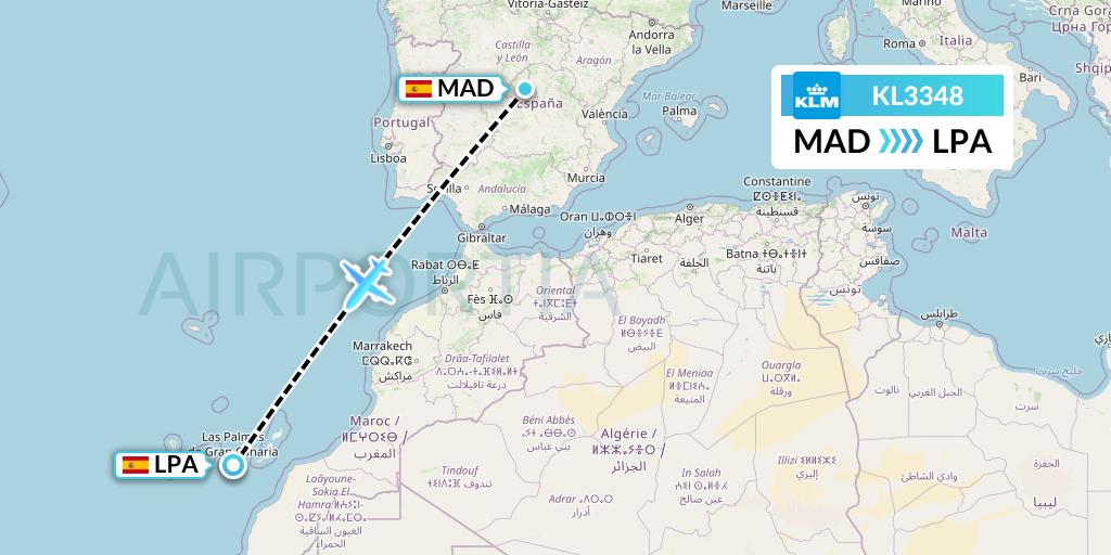 KL3348 KLM Flight Map: Madrid to Las Palmas